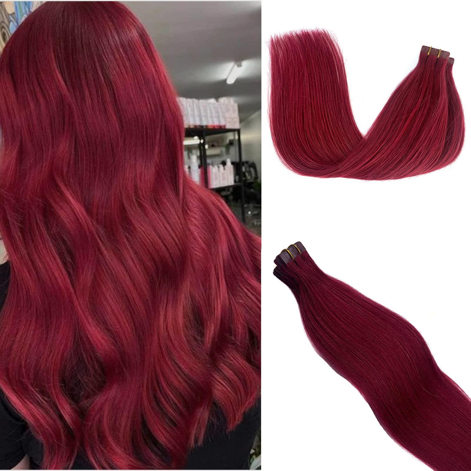 Smavida Dark Wine Human Hair Extensions 22" Long Straight Burgundy Tape in Extensions 60grams 20pcs Silky Tape Remy Hair Extensions, Color #99J