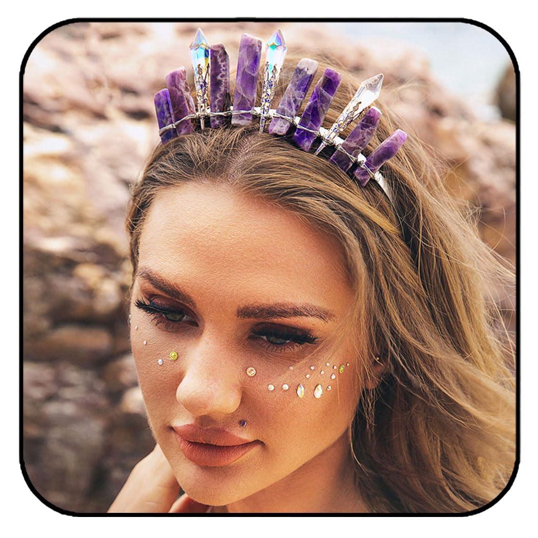 Formery Formery Purple Raw Crystal Crown Silver Amethyst Pendulum Quartz Headband Handmade Natural Stone Headpiece Hair Accessories for Women
