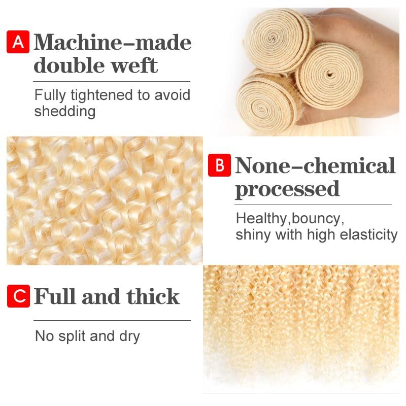 SUPSYOUSF SUPSYOUSF Kinky Curly Blonde Hair Bundles - 613 Human Hair Weaves | 10A Grade Virgin Hair Extensions | Honey Blonde Curly Wave | Double Weft Weave | Soft & Healthy Brazilian Hair | 613 Blonde Curly
