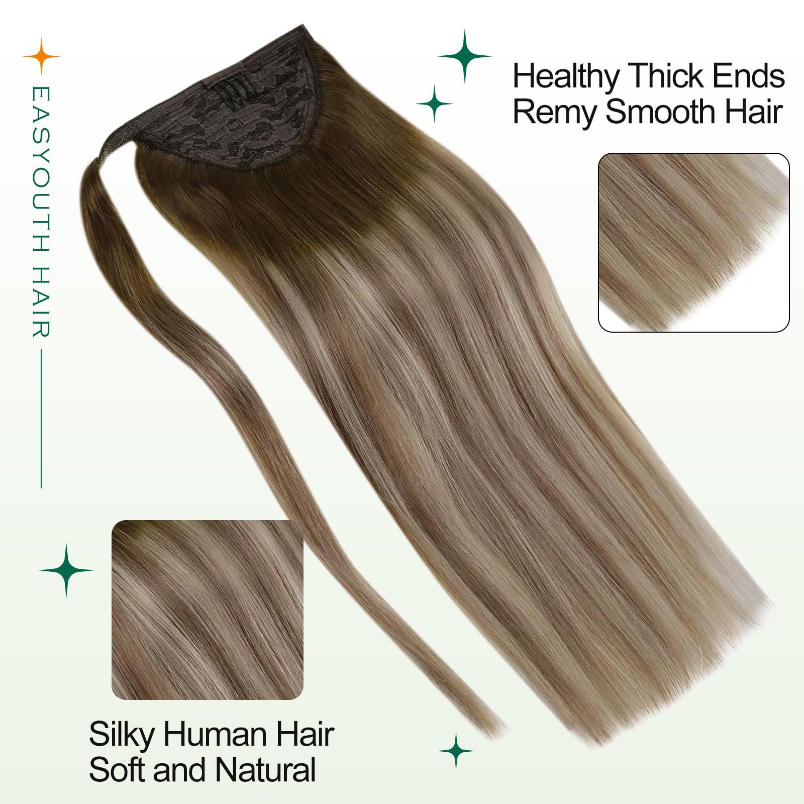 Easyouth Easyouth Ponytail Extension Human Hair Balayage Pony Tails Hair Extensions Human Hair Blonde Ponytail Hair Extension Darker Brown Fading to Ash Blonde 18Inch 80g #3/8/22