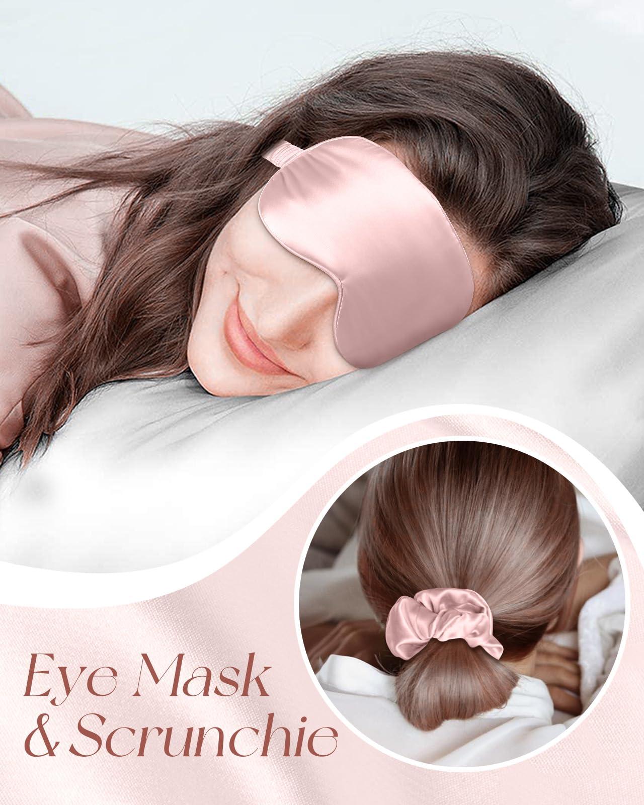 Miss Adola Miss Adola Silk Bonnet for Women - Mulberry Silk Sleep Cap for Hair Care with Eye Mask & Scrunchie 19 Momme Night Cap Sleeping Set with Elastic Stay On Head, Light Pk