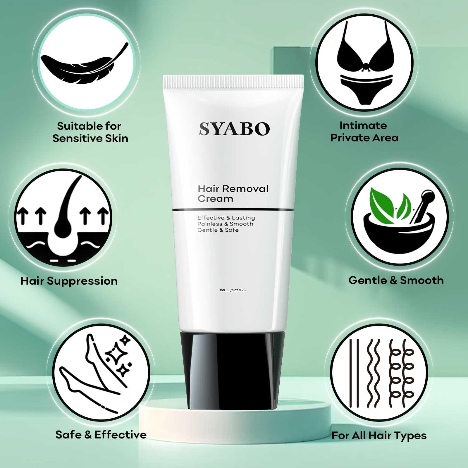 SYABO Sensitive Skin Hair Removal Cream - Painless Bikini Hair Removal for Women Men, Sensitive Formula Depilatory Cream for Pubic, Bikini Line, Legs, Arms, Underarms, Unwanted Coarse Hair, 5FL OZ