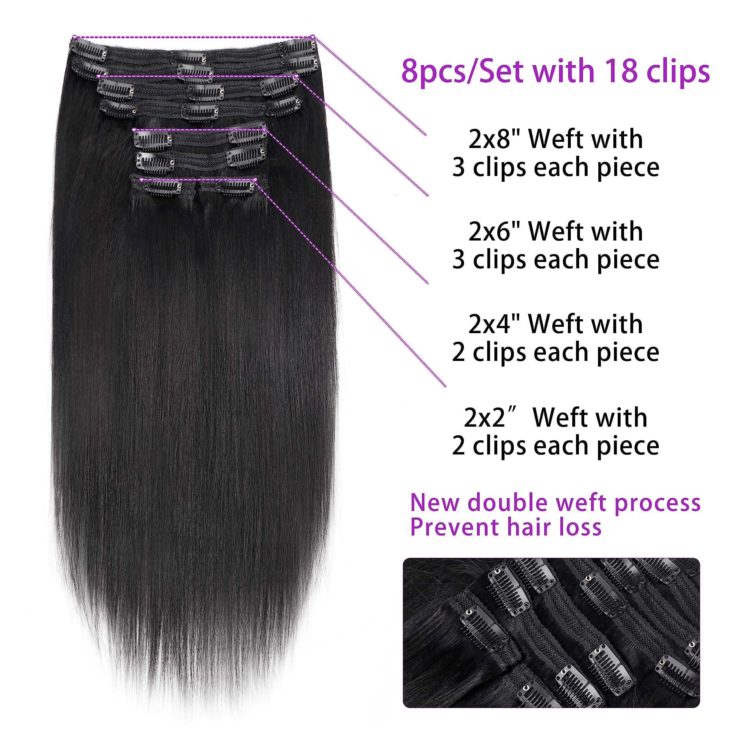 Mihugass Mihugass Yaki Straight Clip in Hair Extensions For Women 100% Unprocessed Brazilian Virgin Hair clip ins Yaki Straight Clip on Hair Natural Black 8pcs with 18Clips Per Set 120G (18 Inch)