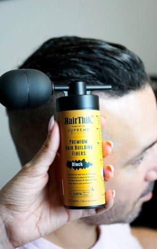 Supreme Trimmer Hair Building Fibers 8-in-1 Kit | includes 25G Keratin Fibers, Pump Nozzle, 2 Hairline Cards, S&L Shaker, Brush, Wipes, Mirror | Conceal Thicken Thinning Balding Hair | Men & Women (Black)