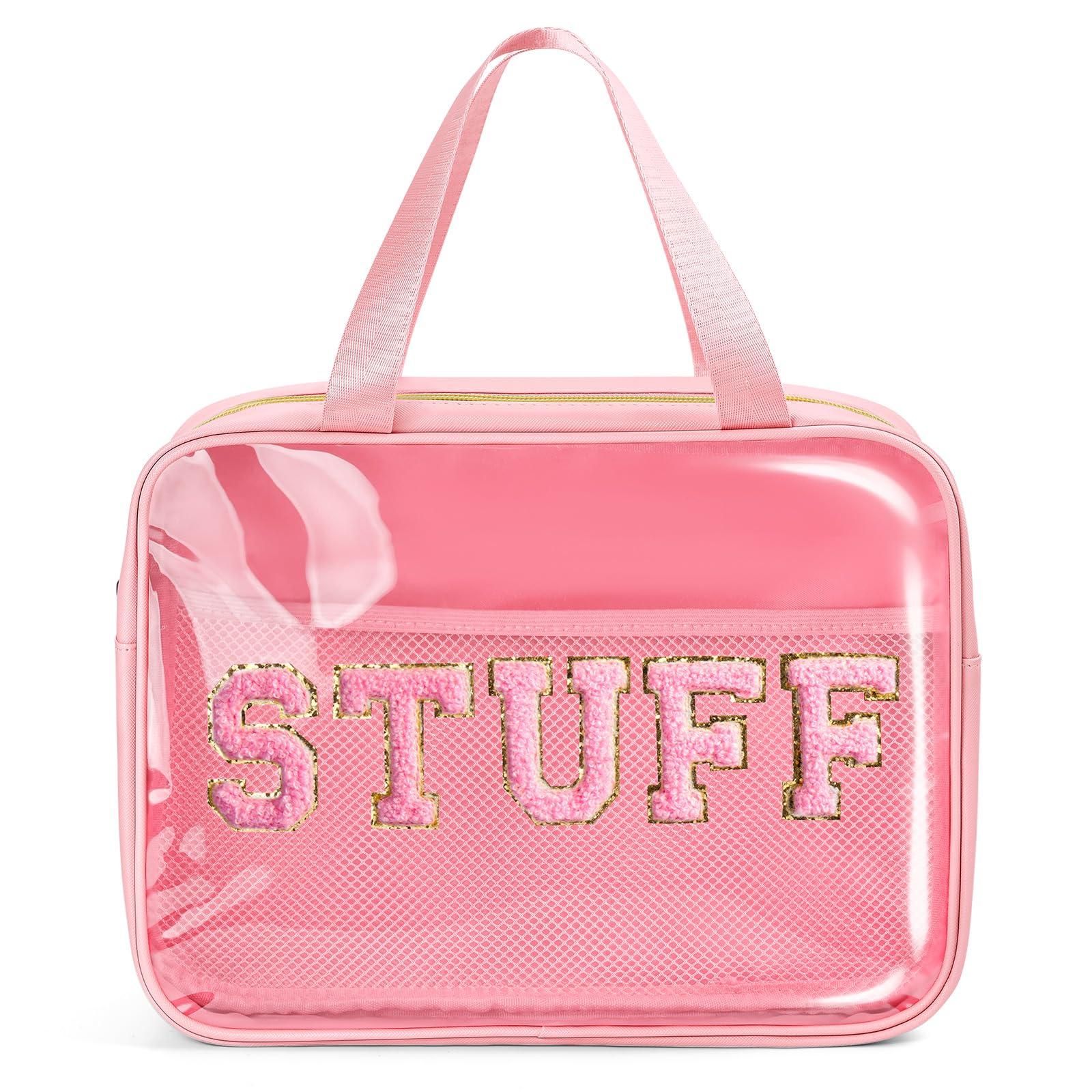 Glitzcharm Glitzcharm Clear Makeup Bag Transparent Cosmetic Bag Organizer for Women Waterproof Travel Toiletry Bag Portable Make up Bag with Chenille Letter, Large, Pink