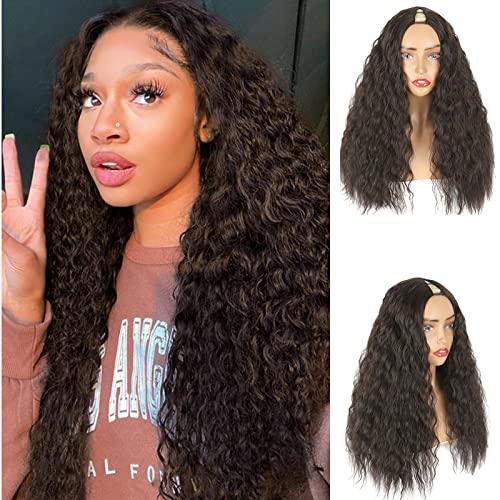 Matthia Long Curly Wig V Part Wigs Synthetic Half Wigs for Black Women, Glueless Wigs Chocolate Brown Deep Wave V Part Wig No Leave Out Thin Part Wig U Part Wigs for Women Clip in Extensions
