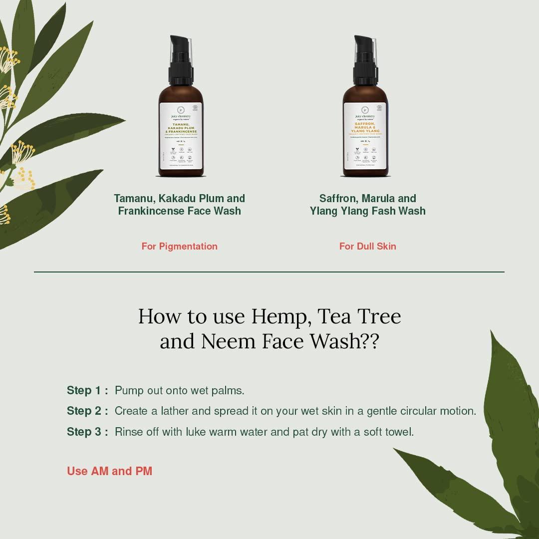 Juicy Chemistry Juicy Chemistry Hemp, Tea Tree & Neem Face Cleanser, Face Wash For Acne & Blackheads, Certified Organic, Vegan, Cruelty Free, Face Wash For Women & Men (100 Milliliters Clear)