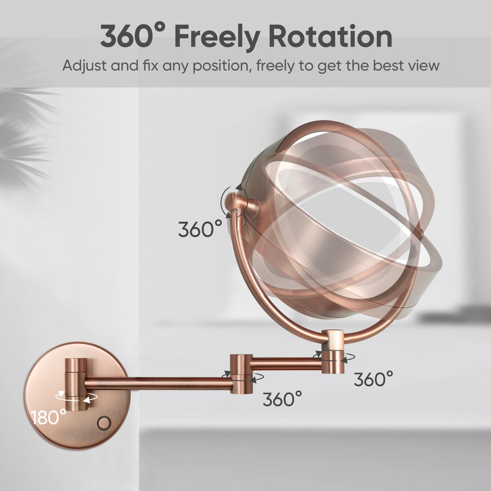 GURUN GURUN Wall Mounted Hardwired Makeup Mirror with 3 Tones Dimmable LED Lights 10x Magnifying Mirror with Touch Control for Bathroom Bedroom 13\" Extendable Arm M1809DB-9x10MR-T(10x,Matte Rose Gold)