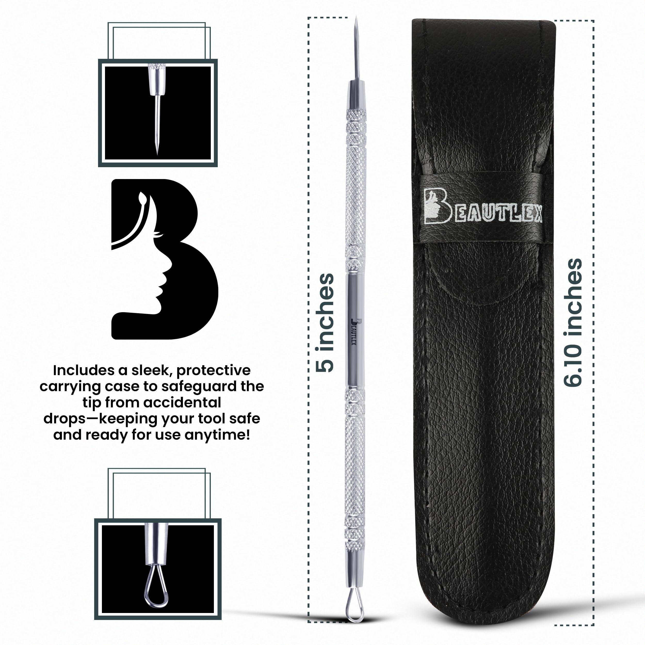 Beautlex Lancet for Facial Milia Remover and Whitehead Extractor. Double Ended Angled Circle Loop & Sharp Needle Pimple Popper Tool. Dermatologists recommended Design and Comes with Synthetic Leather Storage