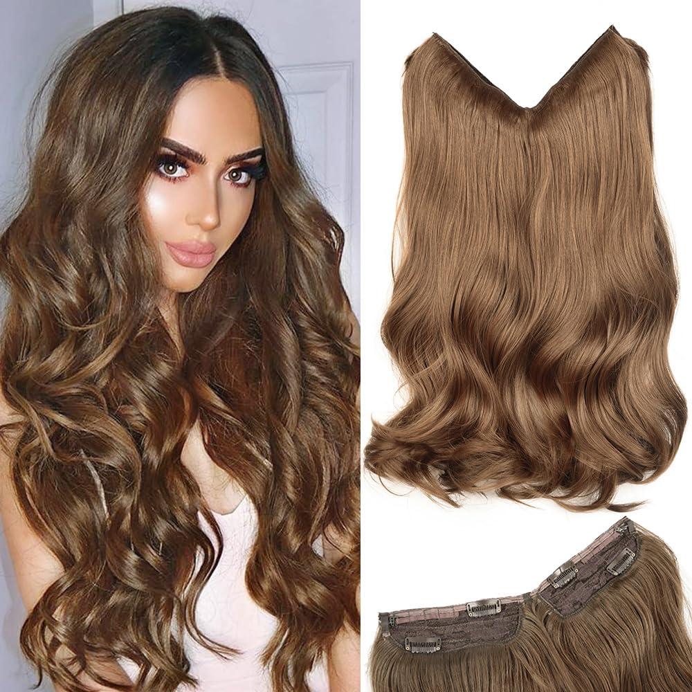 TOZIKA Halo Hair Extensions 20 Inch Medium Brown Invisible Wire Hair Extensions Adjustable Long Wavy Hair Extensions 4 Secure Clips in Hairpieces Natural Looking Fiber Wig for Daily Party Use (Brown)