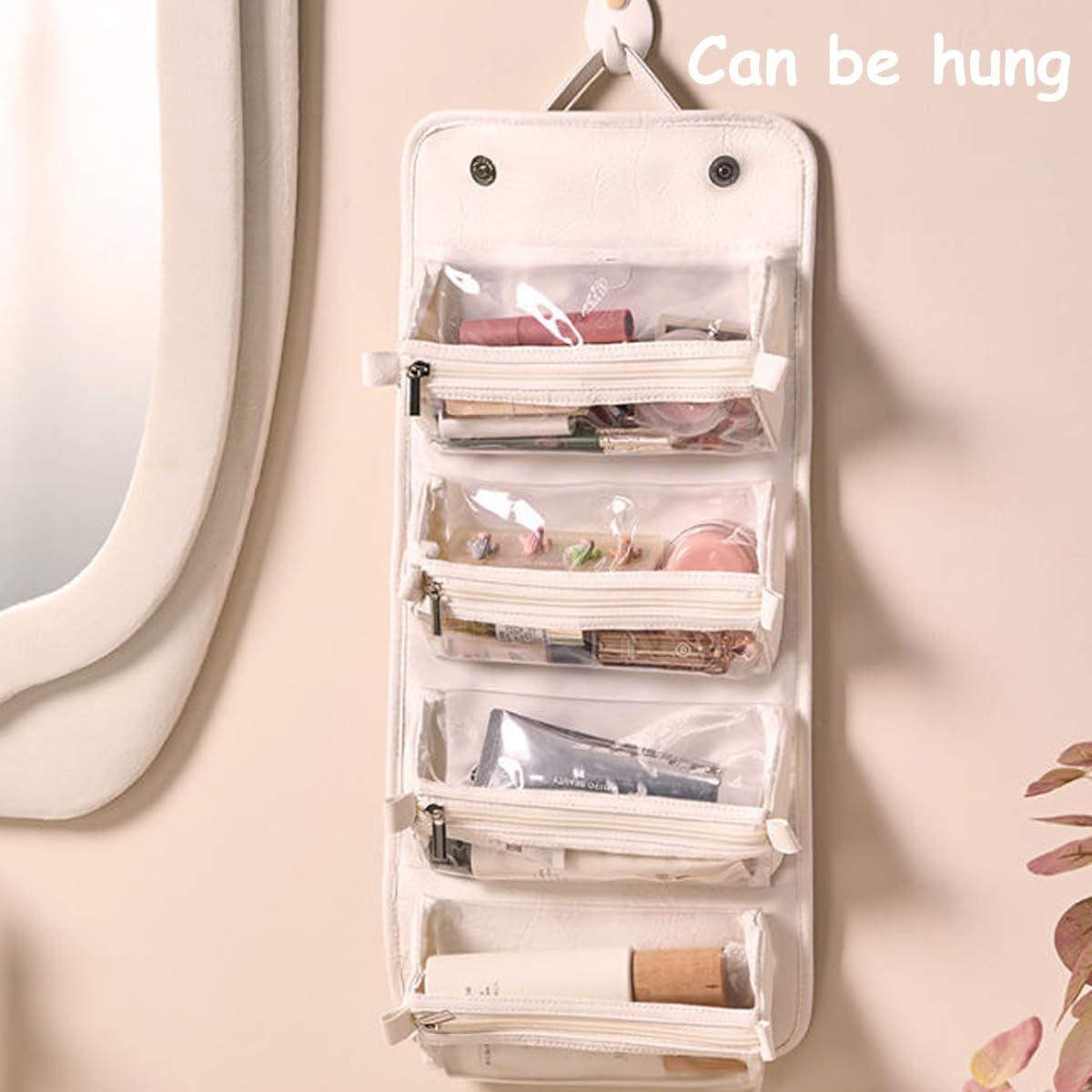 Generic Leather Waterproof Cosmetic Bag, Roll Up Toiletry Makeup Hanging Bag With Compartments, Multi Travel Roll Up Bag (White)