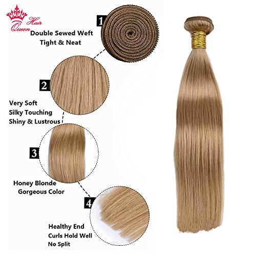 Queen Hair Queen Hair Products Mink Brazilian Hair Weave Bundles Hair Extension Honey Blonde Straight Color #27 Honey Blonde Hair Bundles (12 14 16inch)