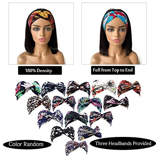 Ubetta Human Hair Headband Bob Wig Natural Black Short Bob Headband Wig for Black Women, Straight Human Hair Bob Wig with Headband Attached Headband Wig 180% Density 10 Inch Glueless None Lace Front Bob Wig
