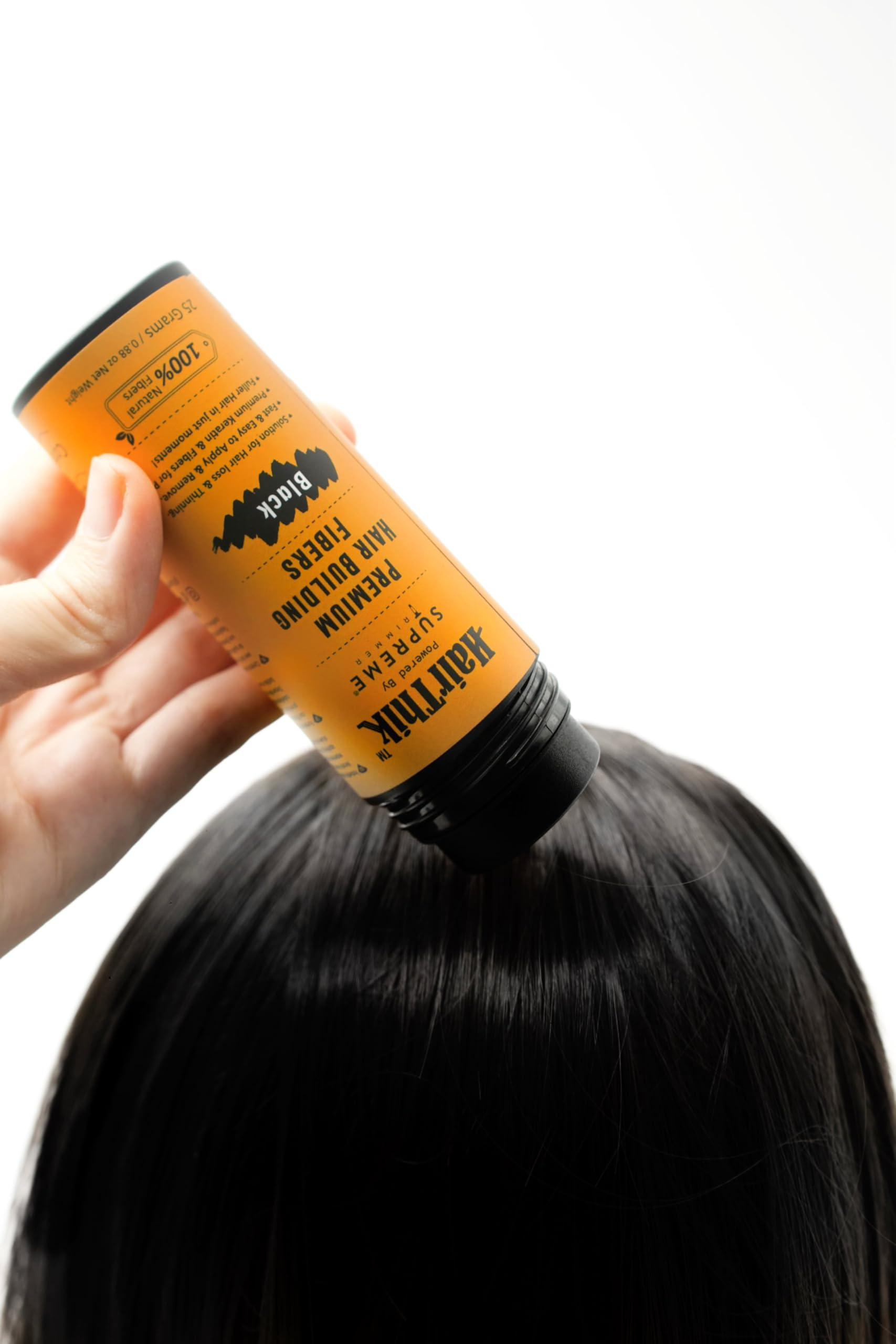 Supreme Trimmer Hair Building Fibers 8-in-1 Kit | includes 25G Keratin Fibers, Pump Nozzle, 2 Hairline Cards, S&L Shaker, Brush, Wipes, Mirror | Conceal Thicken Thinning Balding Hair | Men & Women (Black)