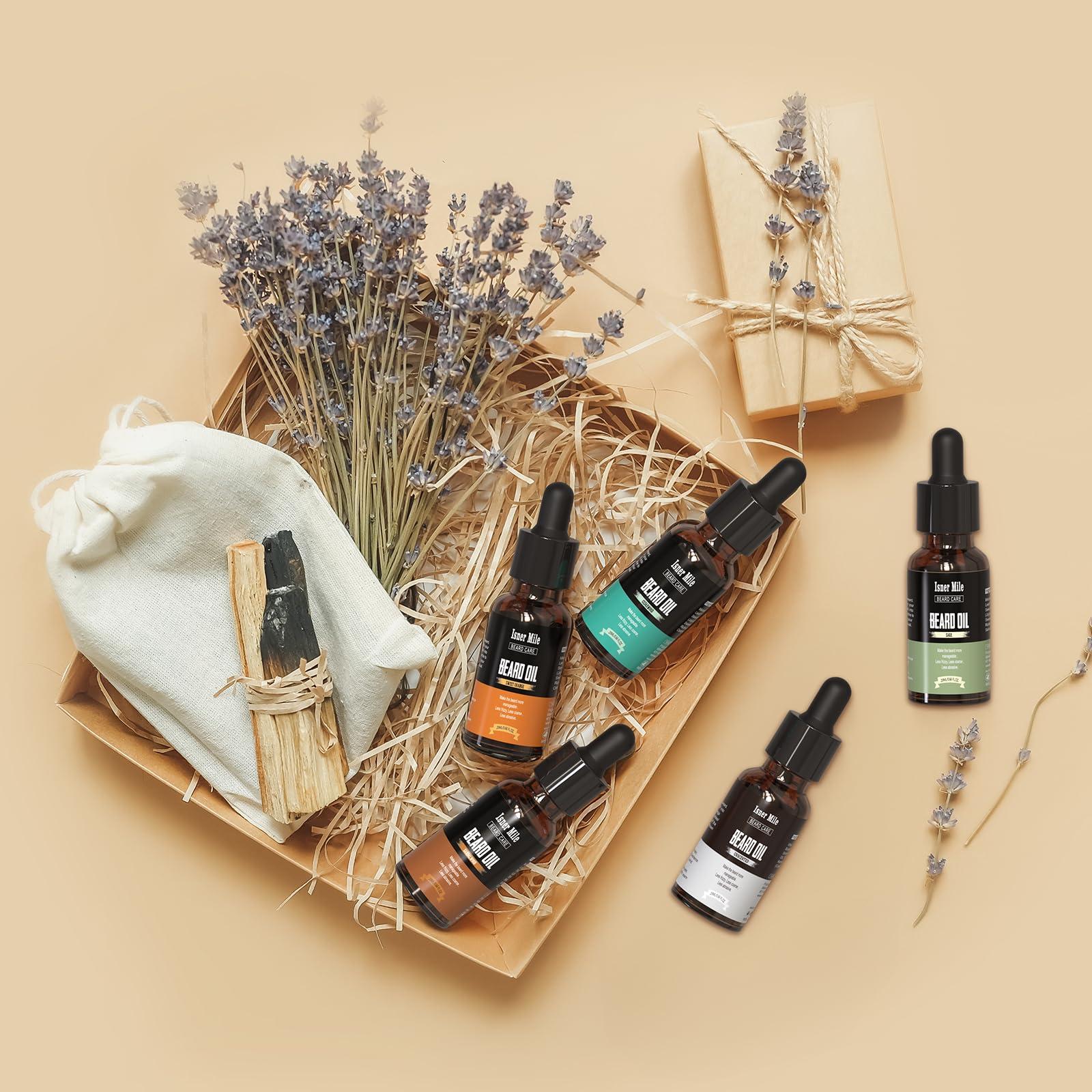 ISNER MILE ISNER MILE 5 Pack Beard Oil Set Leave in Conditioner, Cedarwood Sandalwood Sage Sweet Orange, Mustaches Soften Moisturizing, Valentines Day Gifts for Him Husband, Gifts for Men Dad Father Boyfriend