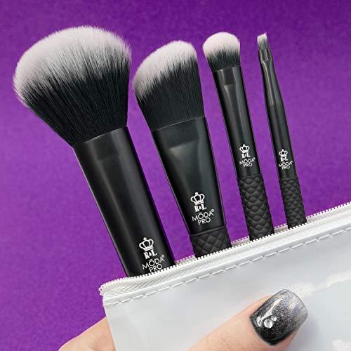 MODA MODA Pro Full Size Everyday 5pc Makeup Brush Set with Pouch, Includes - Multi-Purpose Powder, Angle Foundation, Domed Shadow, and Angle Eyeliner Brushes, Black