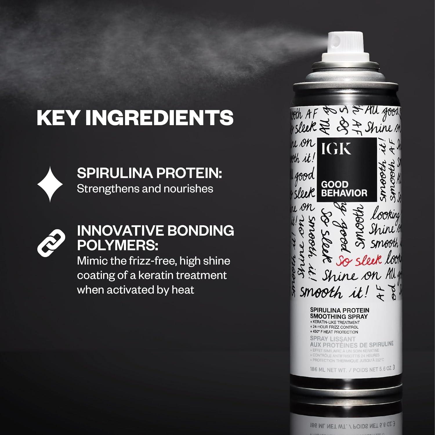 IGK IGK GOOD BEHAVIOR Spirulina Protein Smoothing Spray Travel Bundle | Keratin Like Treatment + Frizz Control + Heat Protectant | Vegan + Cruelty Free | (5.6 Oz + 2.4 Oz)