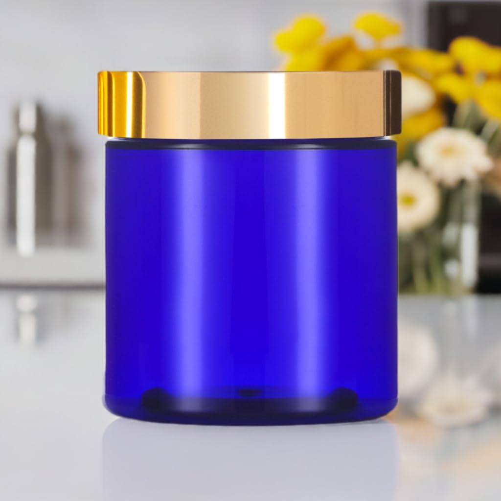 JUVITUS 16 oz Cobalt Blue PET Plastic Jar with Gold Metal Overshell Lid (6 Pack)