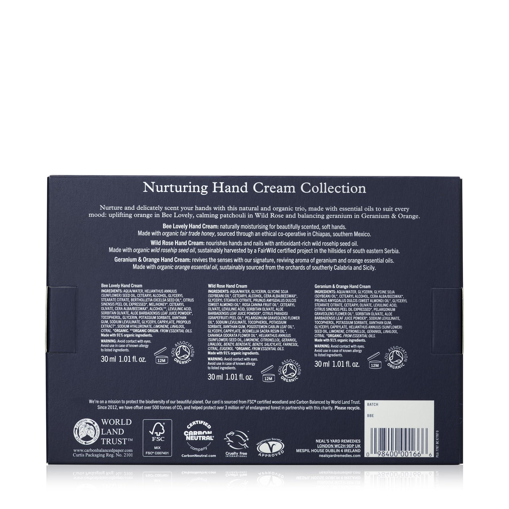 Neal\'s Yard Remedies Neal\'s Yard Nurturing Hand Cream Collection, Bee Lovely, Geranium & Orange and Wild Rose, Vegetarian Approved, Cruelty Free, 3 Pieces