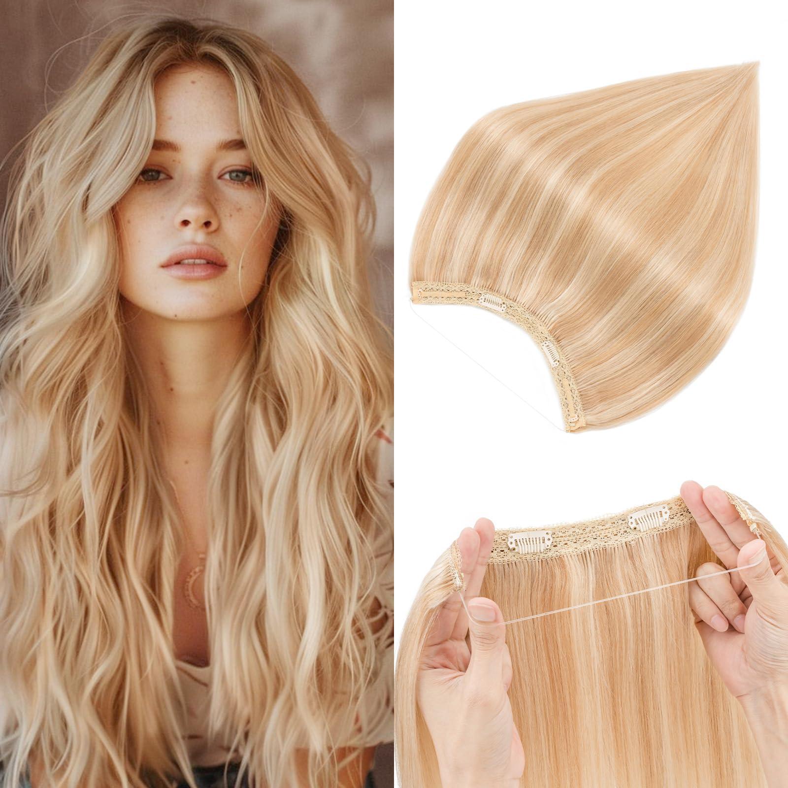 S-noilite Halo Hair Extensions Real Human Hair,S-noilite Halo Hair Extensions,Halo Hair Extension for Women,100% Human Hair Halo Extensions,Halo Hair 70g/20inch 18P613 Gold Blonde Mixed Bleach Blonde