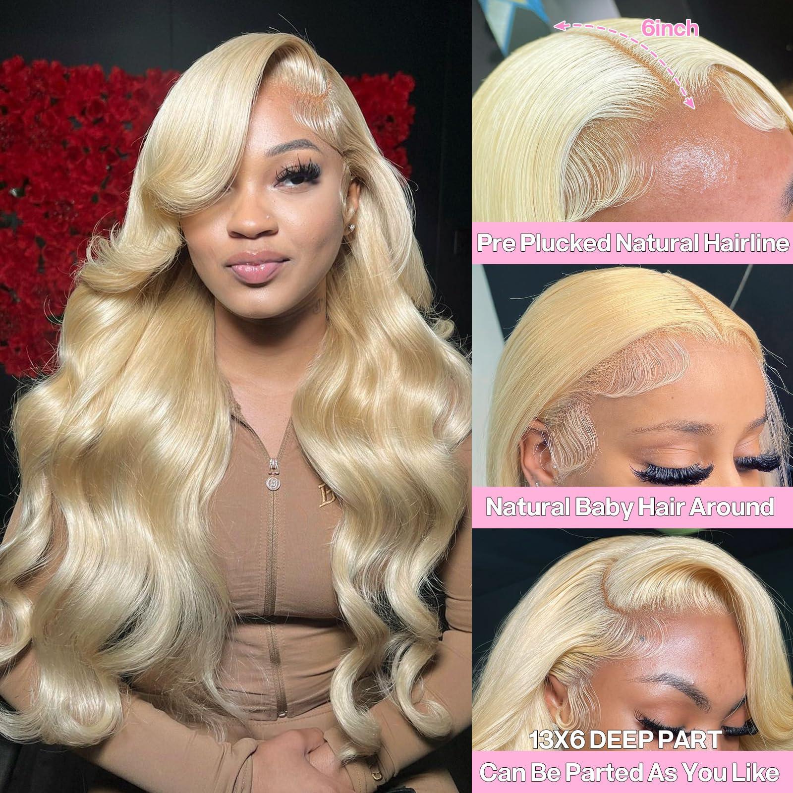 Pangm 613 13x6 Lace Front Wig Human Hair 200 Density HD Body Wave Blonde Lace Front Wigs Human Hair Pre Plucked Lace Frontal Wig 13x6 Blonde Wig Human Hair (613 13x6 lace front wig human hair, 36 Inch)