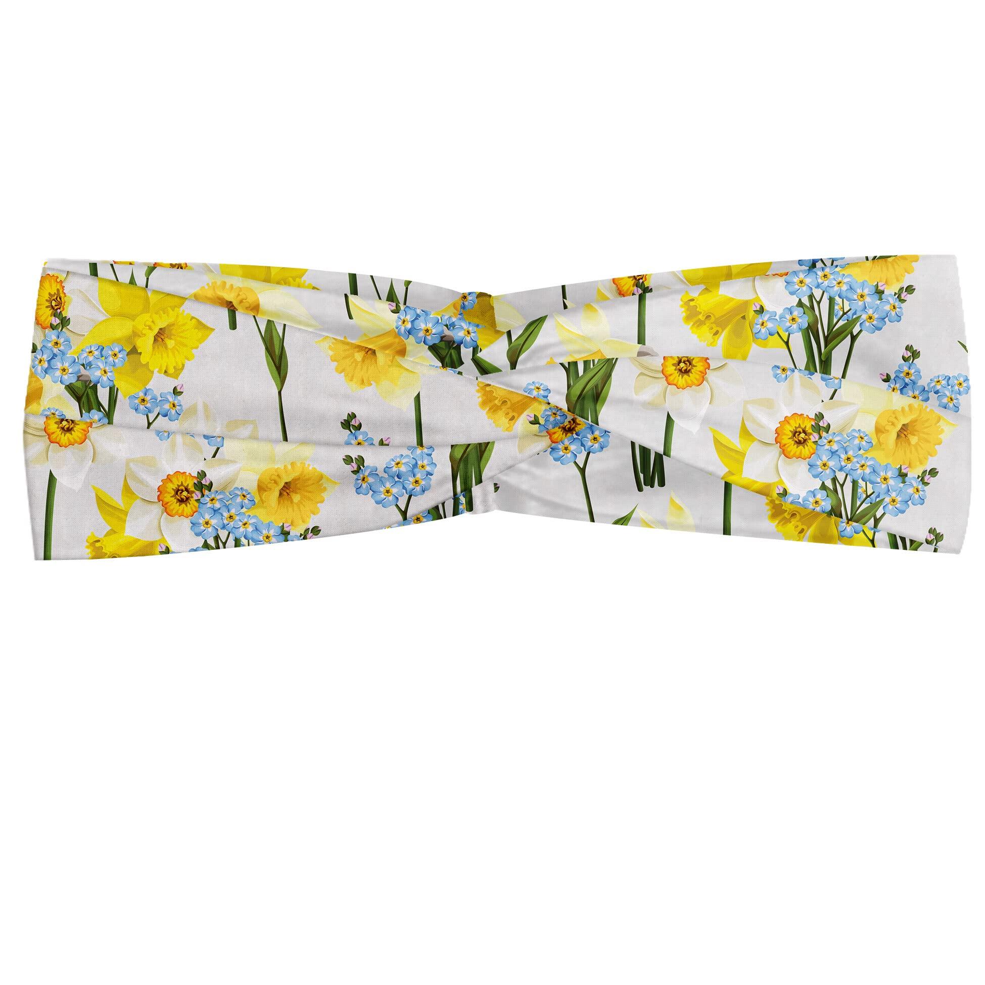 Lunarable Lunarable Daffodils Headband for Women, Forget Me Not Flowers and Daffodil Blossom Leaf Bouquet Spring Garden, Elastic Comfy Hair Accessory Knotted Head Wrap Everyday Use, XS-S, Yellow Blue Green