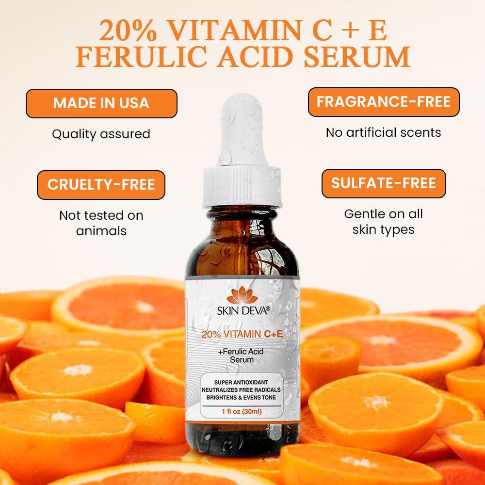 SKIN DEVA SKIN DEVA 20% Vitamin C Serum for Face with Vitamin E Plus Ferulic Acid Skincare Serum 1 fl oz 30 ML Rejuvenates Skin to Fresh & Neutralizes Free Radicals to Brighten Even Vitamin Serum
