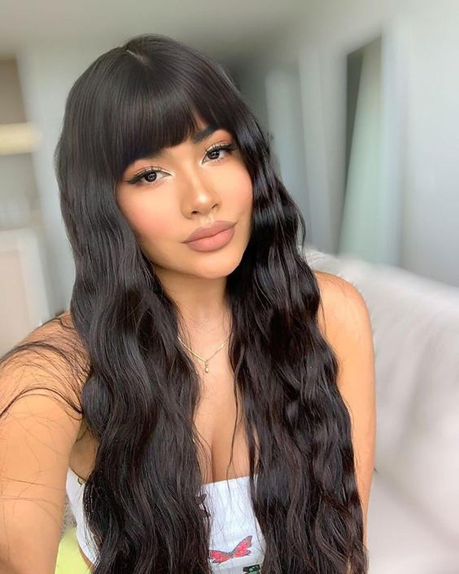 LANOVA LANOVA Dark Brown Wig with Side Bangs Synthetic Wigs for Women Chocolate Brown Long Curly Wig with Bangs 22 inch LANOVA-209