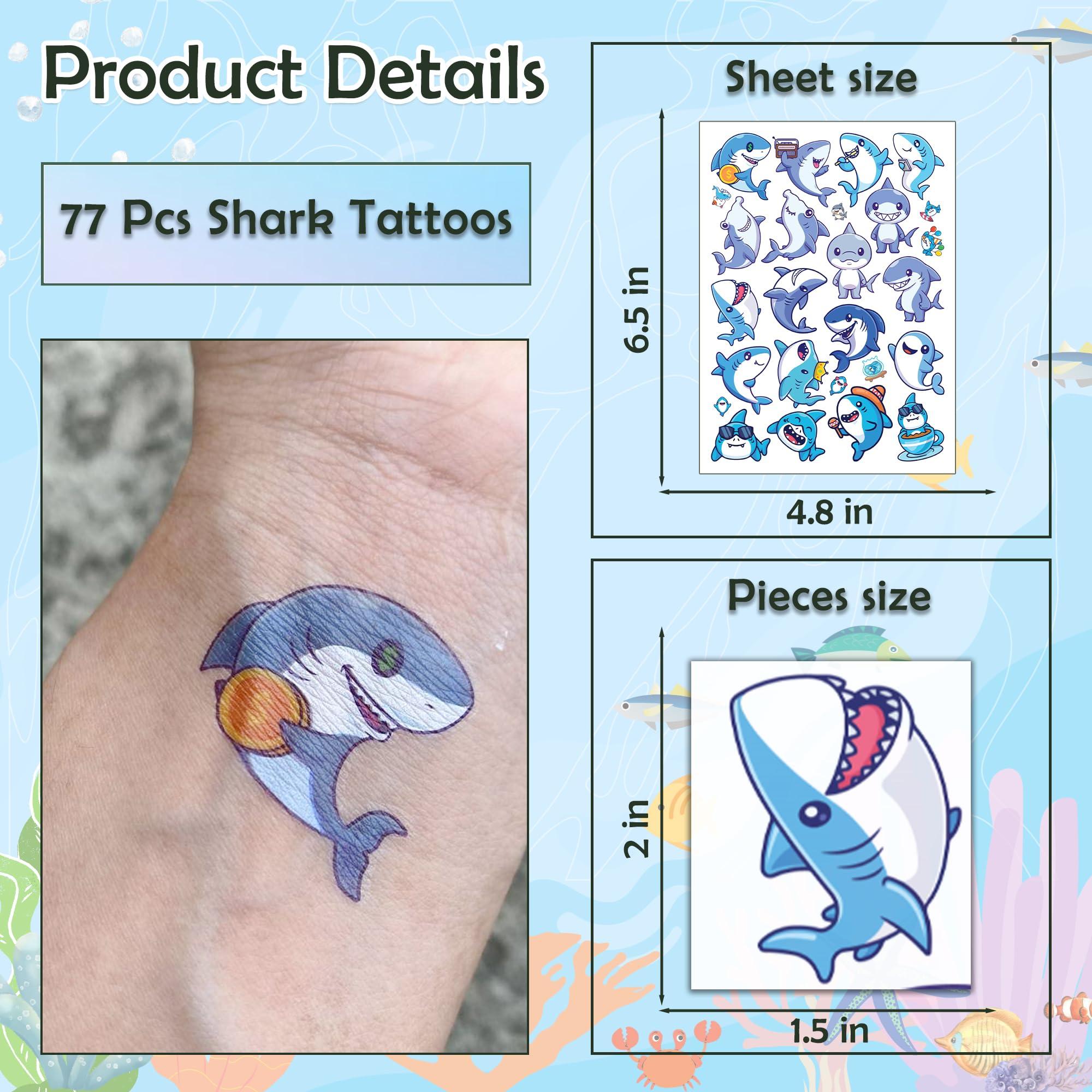 Janiegrass 77 PCS Cute Shark Temporary Tattoos for Party Supplies, Cute Sea Shark Tattoo Stickers for Birthday Parties, Shark Tattoos Party Favor, Waterproof Tattoos. (Blue (77PCS))
