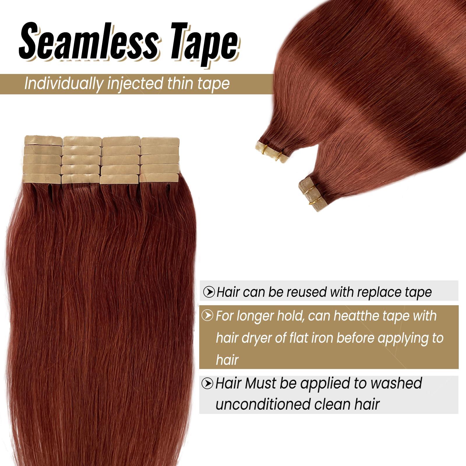 Munx Munx Real Hair Extension Dark Auburn Tape in Human Hair Extension 18inch 20pcs 40g Tape in Remy Silky Straight Natural Hair Extensions
