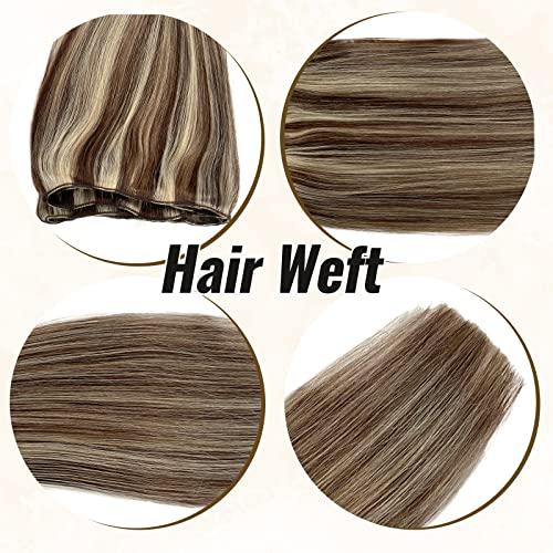Benafee Sew in Hair Extensions Human Hair 14” Double Weft Sew in Weft Hair Extensions Dark Brown to Bleach Blonde Human Hair Weave Bundles Hand Tied Weft Hair Extensions Human Hair Sew in Hair Extensions