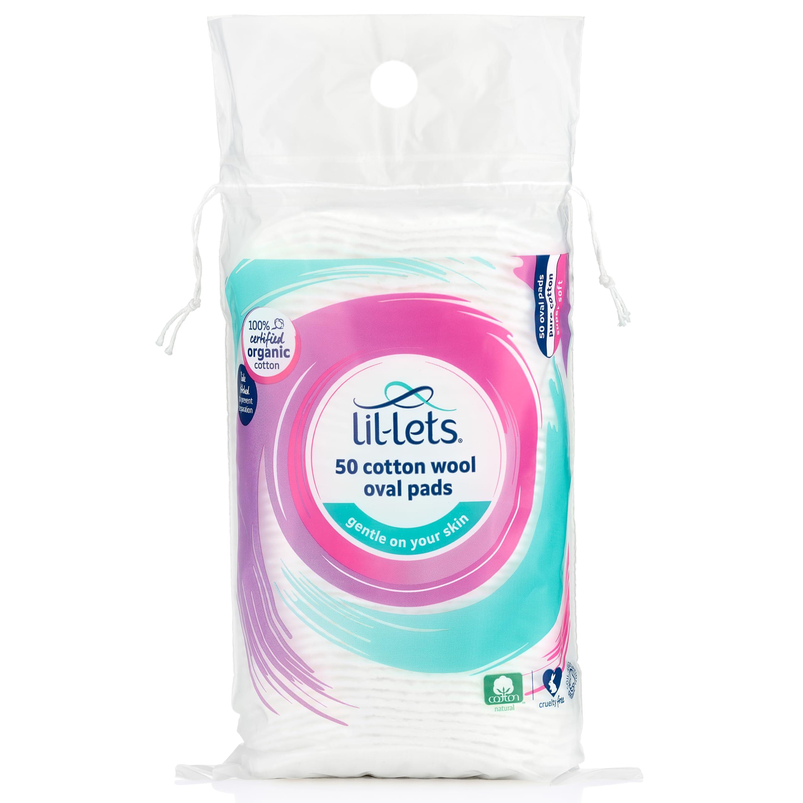Lil-Lets Lil-Lets Cotton Wool Oval Pads, Certified Organic, 100% Pure Cotton Wool, Extra Large, Soft and Absorbent, Gentle on Skin, Dermatologically Tested, Pack of 50 Oval Pads