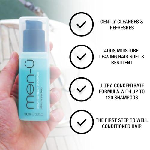 men-u men- DAILY REFRESH MENS SHAMPOO, up to 120 shampoos, Ultra-concentrated Vegan shampoo for men, long lasting, gently cleanses and refreshes, Eco Friendly Shampoo 3.3oz