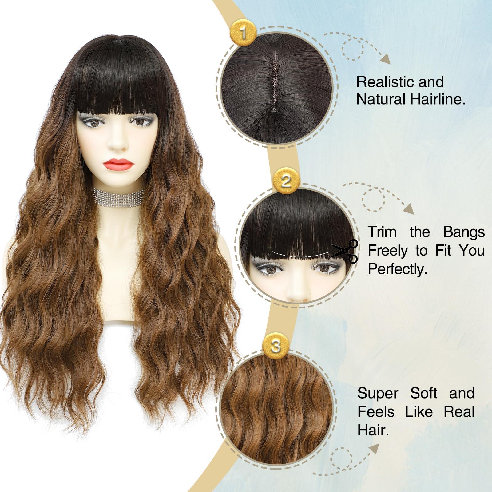 VERNA VERNA Ombre Brown Wig with Bangs, 26 Inch Long Brown Wigs for Women, Natural Looking Brown Curly Wavy Wig, Heat Resistant Brown Hair wig, Middle Part Synthetic Wig for Daily Party Use(Ombre Brown)