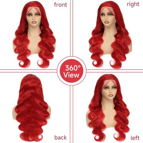 Avolo Avolo 13x4 Red Human Hair Wigs 32 Inch Red Colored Human Hair Lace Front Wigs Body Wave Red Lace Front Wig Human Hair Pre Plucked Red Wig Human Hair With Baby Hair 180% Density Glueless Wig