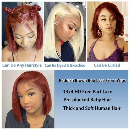 XZZ XZZ Reddish Brown Short Bob Wig Human Hair 13x4 Lace Front Wigs Human Hair Pre Plucked with Baby Hair Glueless Brazilian Virgin Human Hair Wigs 150 Density Auburn Brown 10 Inch