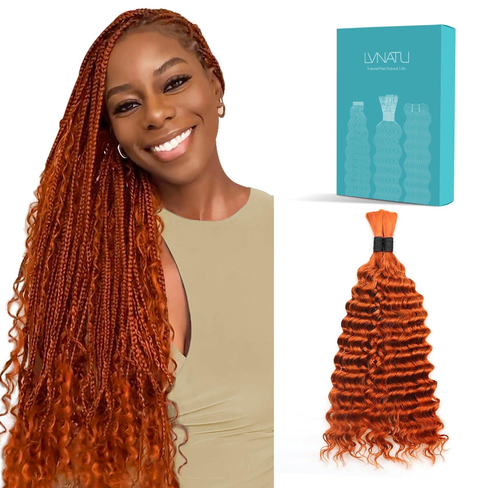Lvnatu Lvnatu Ginger 350 Human Hair Bundles Curly for Braiding Hair Boho Knotless Braids Bohemian Wet and Wavy Deep Wave Bulk No Weft 2 Bundles 100g 22 Inch