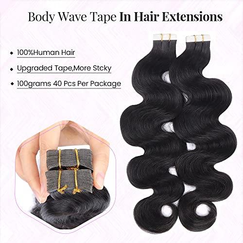Smartinnov Remy Tape in Hair Extensions for Full Head 40 PCS 100g Natural Black Body Wave Tape in Extension Human Hair for Black Women Reusable Double-Side Seamless Wavy Tape in Hair Extensions 16 Inch