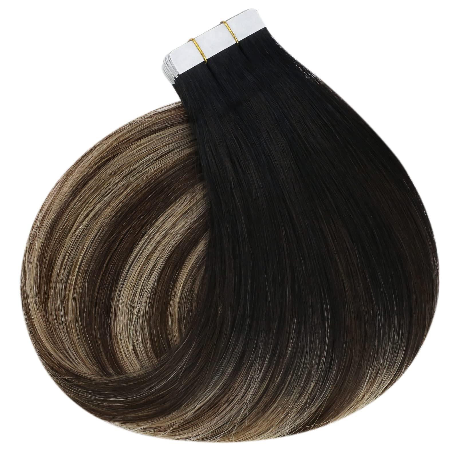 Ugeat Ugeat Balayage Brown Tape ins Human Hair Extensions Natural Black to Dark Brown Mix Caramel Blonde Ombre Seamless Tape in Hair Extensions for Women 22 Inch Add Length 20Pcs 50G