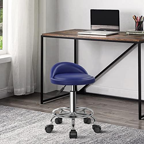 KKTONER KKTONER PU Leather Round Rolling Stool with Foot Rest Height Adjustable Swivel Drafting Work SPA Task Chair with Wheels (Blue)