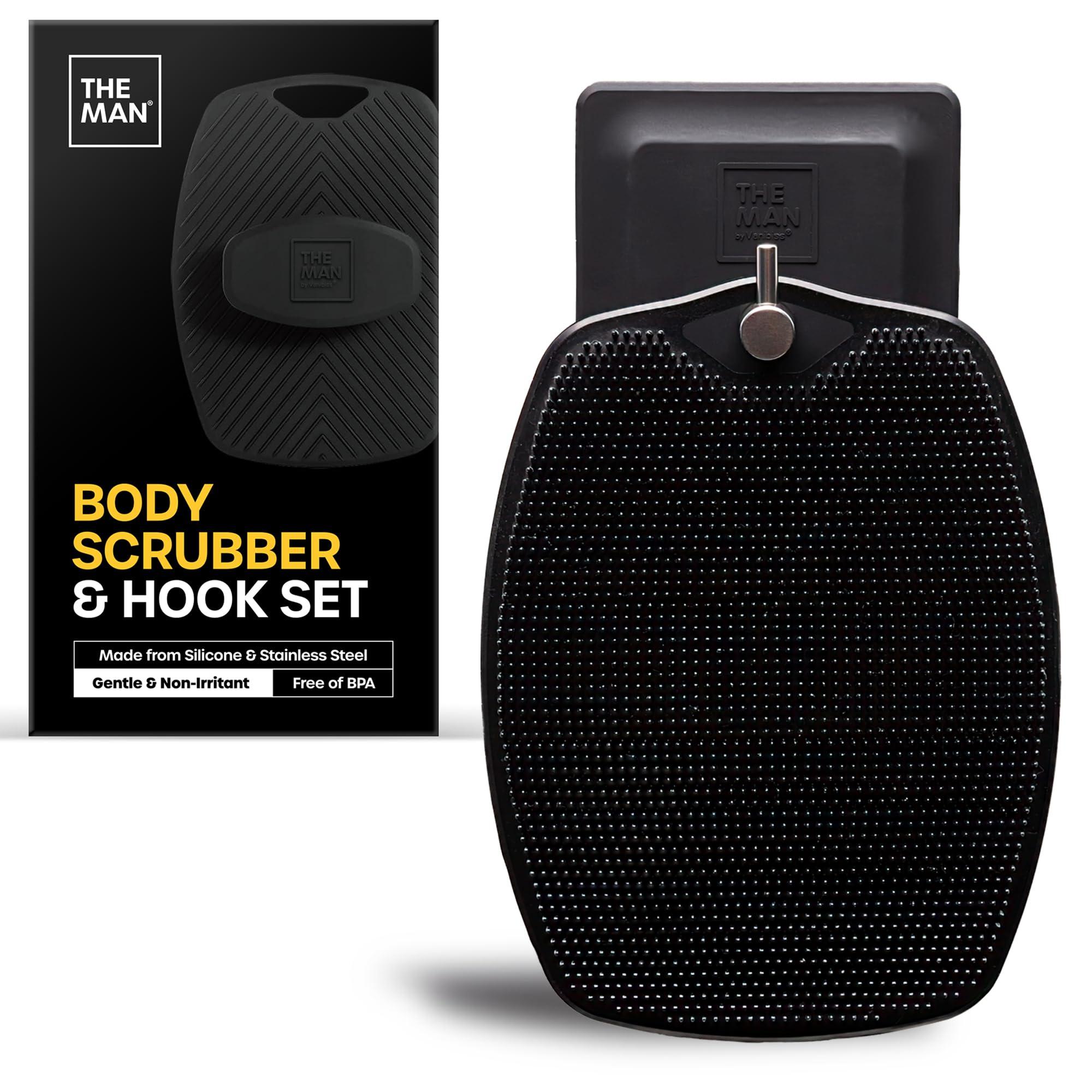 Vanibiss The Man Body Scrubber & Hook - Silicone Body Scrubber for Men - Shower Scrubber for Men - Silicone Body Buffer Hygienic & Easy to Clean - Soft Bristles & Non-Slip Handle - Body Washing Brush (1 Set)