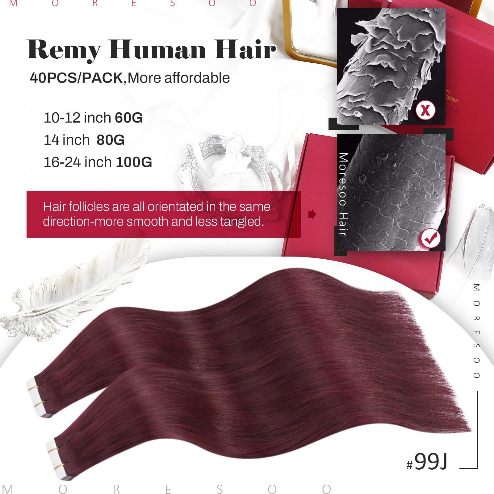 Moresoo Moresoo 40 Pcs Wine Red Tape in Hair Extensions Human Hair Invisible Tape in Extensions Burgundy Hair Extensions Real Human Hair Tape in Seamless Tape in Human Hair 18 Inch #99J 100g