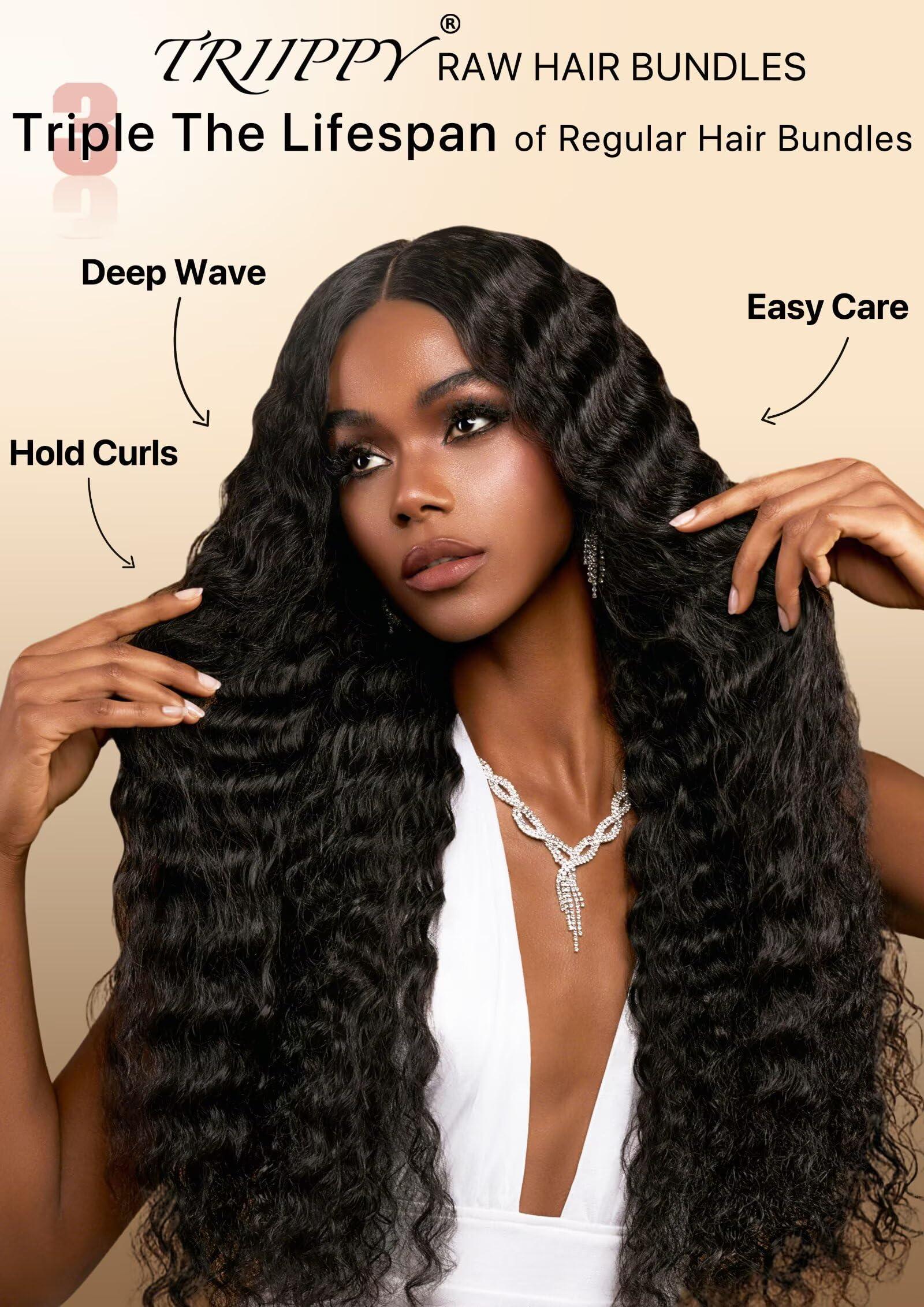 Triippy TRIIPPY Raw Human Hair Bundles,Triple Lifespan Than Regular Virgin Hair No.1 Sales Of Raw Hair Bundles,26 28 30 Inches Cambodia Raw Deep Wave 3 Bundles, Keep Soft and Smooth After Multiple Washes