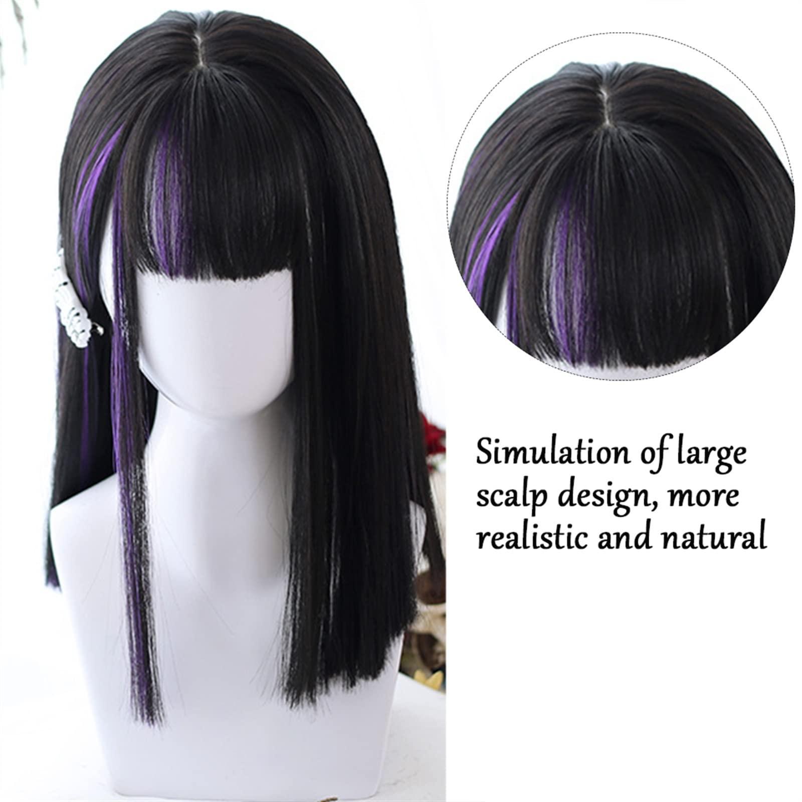 GRFIT Wigs Medium Length Straight Hair Wig with Bangs, Synthetic Purple Highlights Black Bangs Wig Natural Looking Daily Cosplay Party Wig for Women Girls Lace Wigs