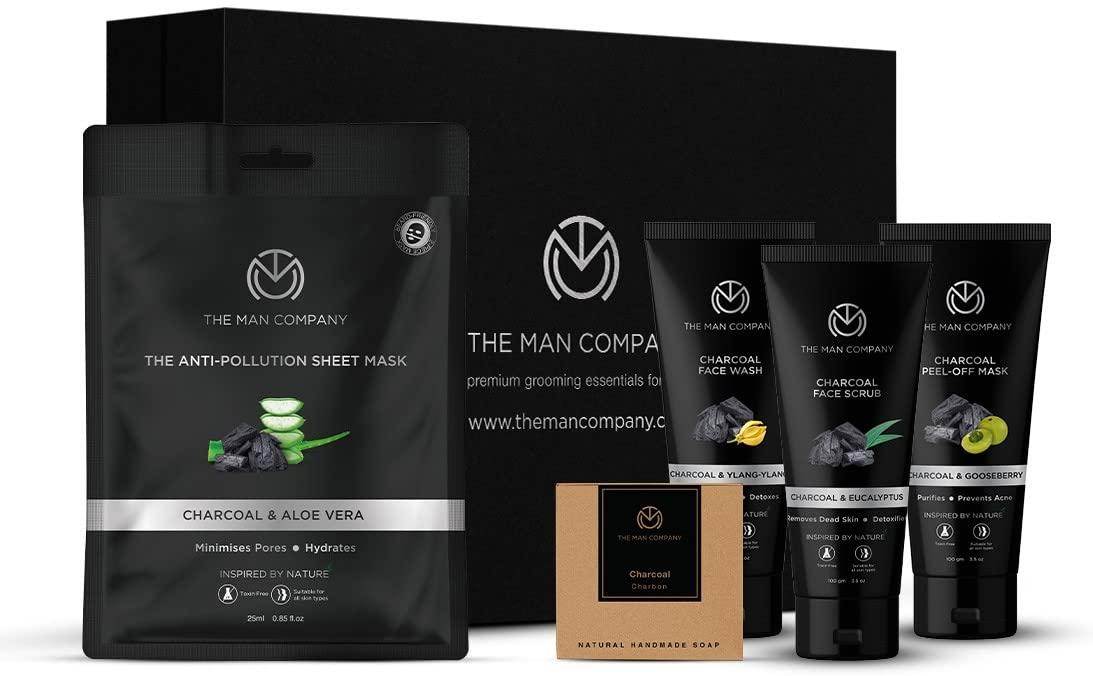 The Man Company The Man Company De Tan Charcoal Facial Kit for Men with Face Wash, Face Scrub, Peel Off Mask, Sheet Mask, Soap for Whitehead & Blackhead Removal, Deep Skin Cleansing & Oil Control | Best Gift Set