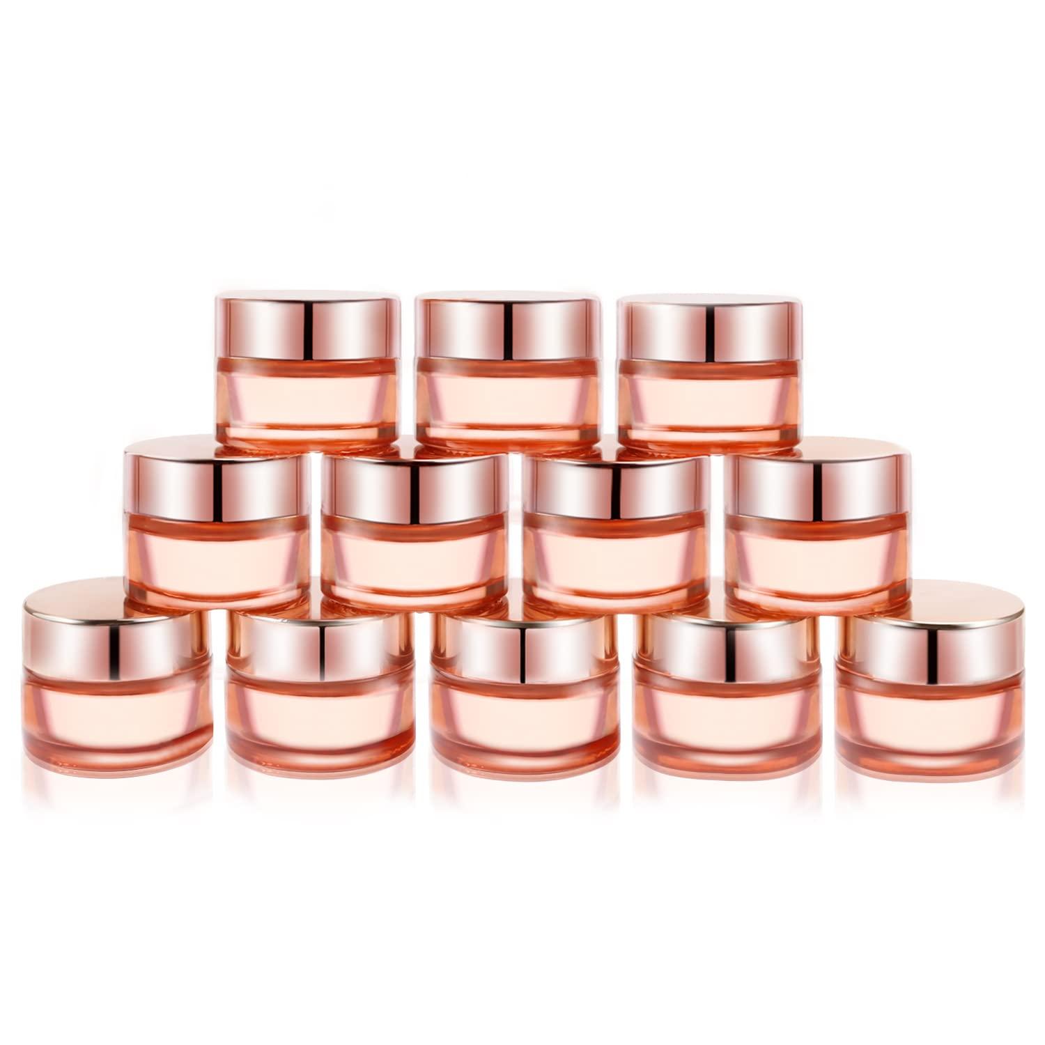 Cositina Cositina 12 Pack 1oz Pink Glass Jars,Empty Round Storage Travel Containers with Rose-Golden Lids & Inner Liners,Refillable Cosmetic Vials for Moisturizer,Creams,Salve, Lotion