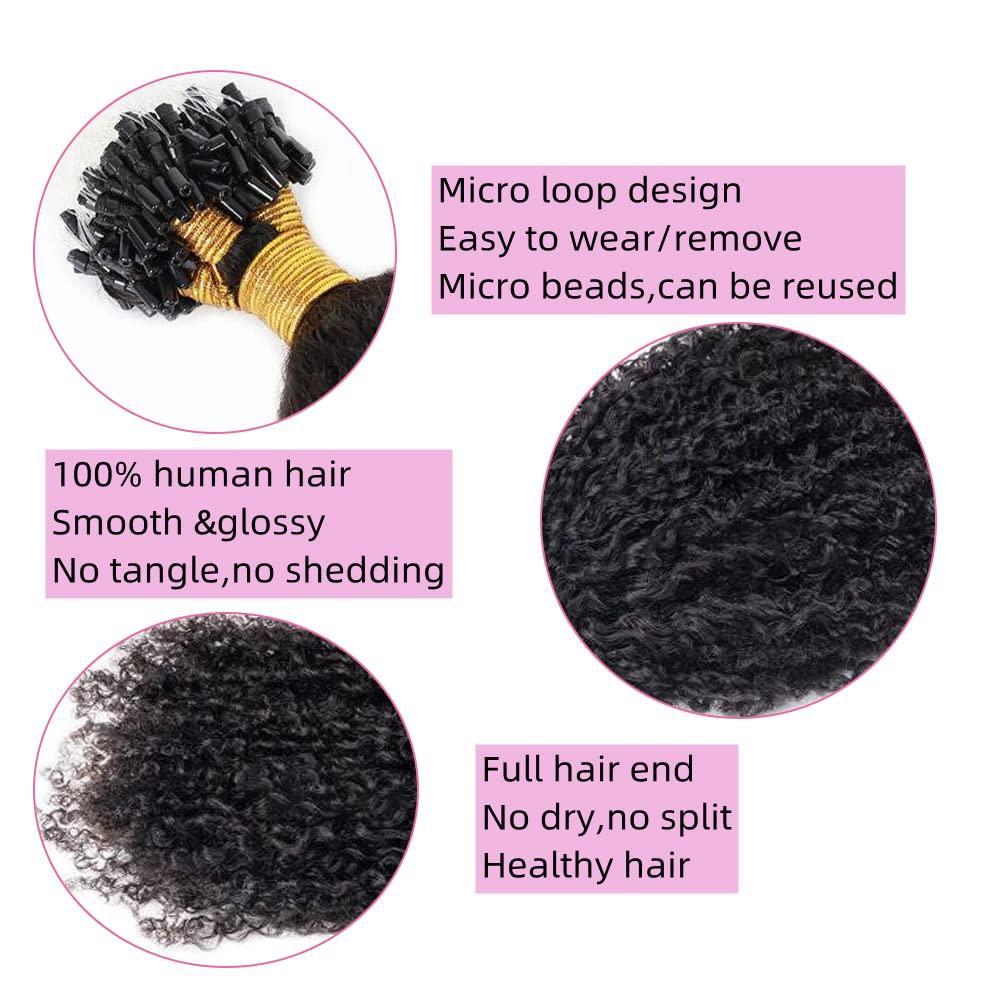 YiXing YiXing Micro Loop Hair Extensions Kinky Curly Brazilian Human Hair Microlink Hair Extensions for Black Women 50g Per Bundle Micro Rings Hair Extensions Curly 1g /Strands 16Inch Natural Color
