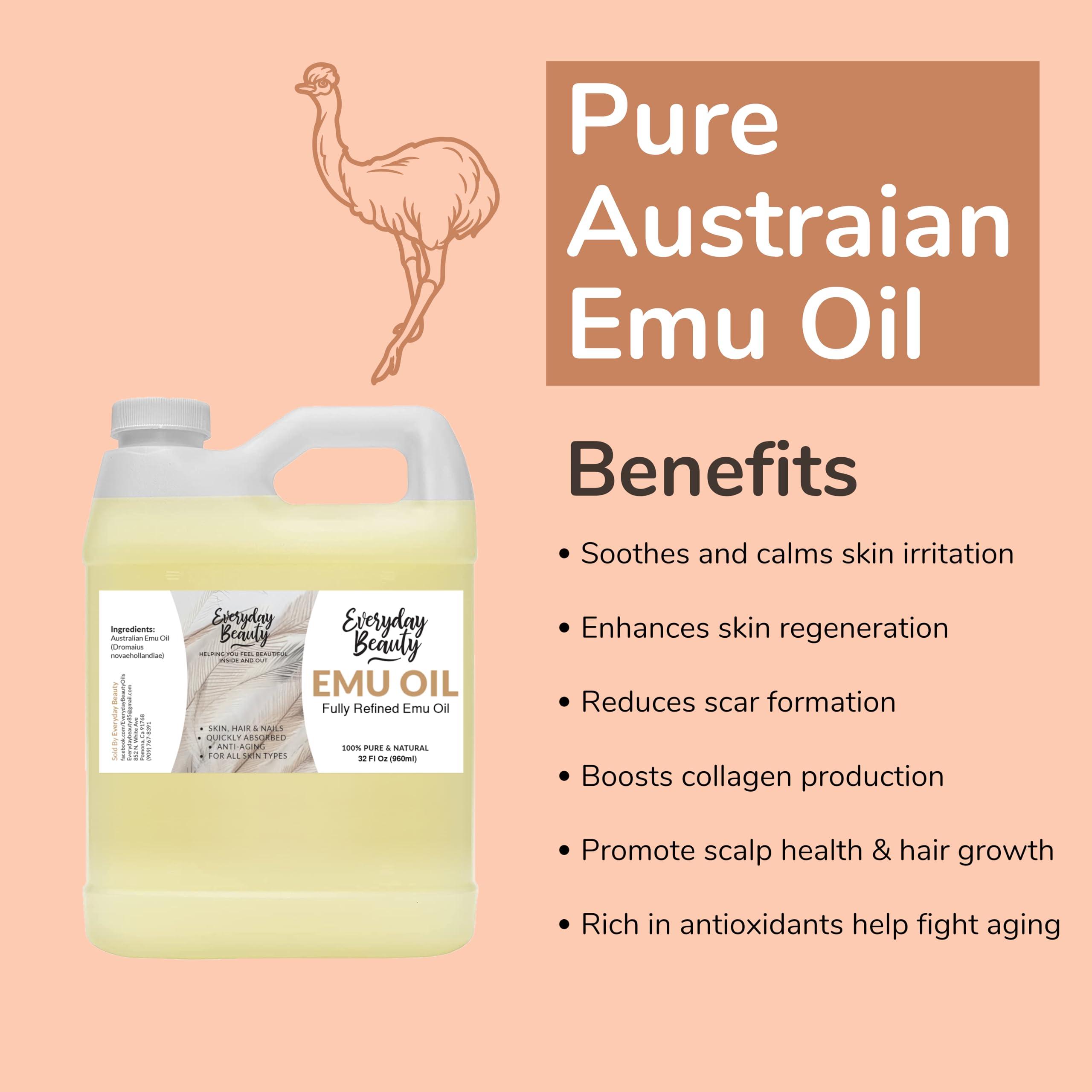 Everyday Beauty Helping You Feel Beautiful Ins Pure Australian Emu Oil Bulk 32 Fl Oz - All Natural 6X Refined for Face, Skin and Hair - Highly Effective Hydration for Sensitive Skin and Hair Growth - Perfect for Scars and Blemishes