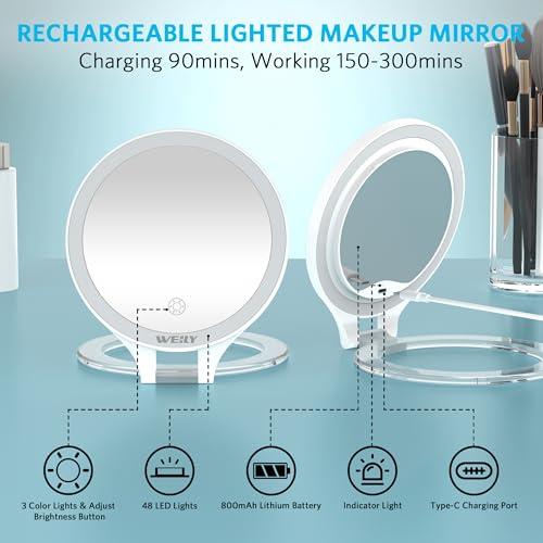 WEILY WEILY Magnifying Mirror with Light, 10X/1X Magnification Double-Sided Travel Makeup Mirror, with 3 Color Lights, Touch Control, Rechargeable Portable Mirror for Bedroom, Bathroom (White)