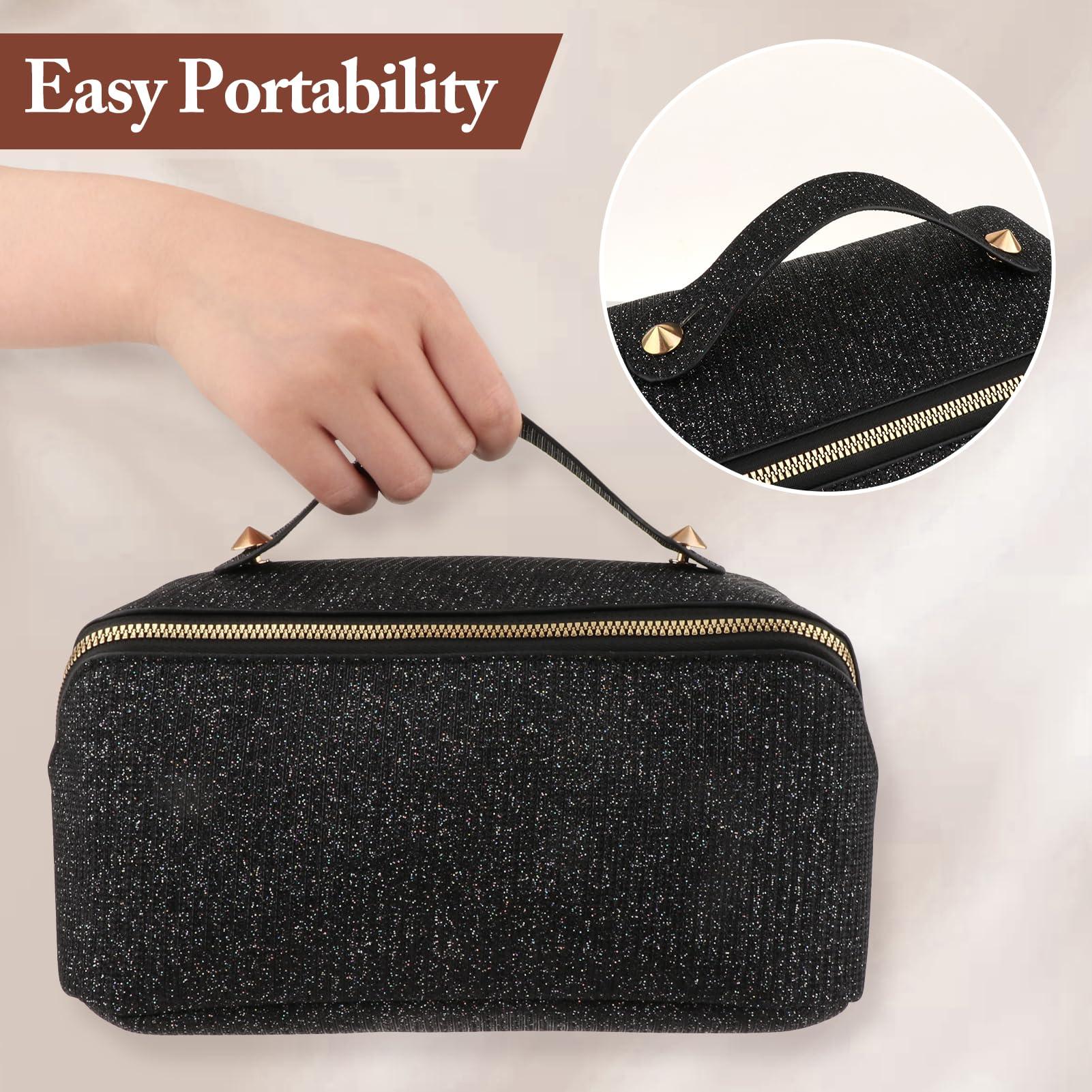 QLoztyse QLoztyse Large Capacity Travel Cosmetic Bag - Lay Flat Makeup Bag with Handle and Compartment Large Opening Sparkly Glitter Cosmetics Organizer for Girl, Black
